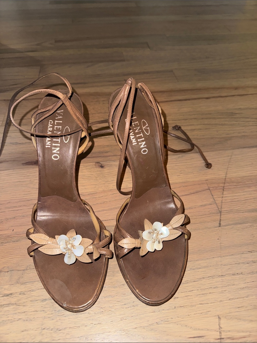 Valentino Garavani Tan Leather Floral Ankle-Tie Sandals